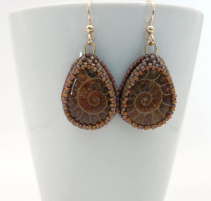 Bead embroidered Ammonite earrings